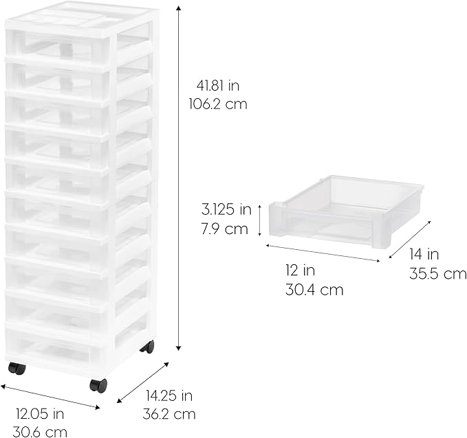 IRIS USA Plastic Drawer Storage Organizer Rolling Cart, with Wheels Casters, 10-Drawers, for Classroom Art Craft Supplies Dresser Closet Bathroom Laundry Room, White/Clear - Image 3
