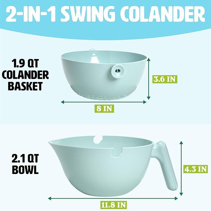 Tasty 2-in-1 Swing Bowl Colander, Built-In Strainer Basket with Handle, Kitchen Hack for Rinsing and Draining for Fruits, Vegetables, and Pasta, 2.1-Quart Bowl + 1.9-Quart Strainer, Aqua