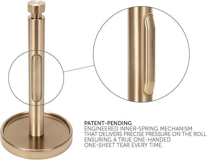 Ivilon Countertop Paper Towel Holder - Weighted Heavy Duty Steel Stand with Non-Slip Base for a Steady One-Handed One Sheet Tear - Fits All Rolls - Warm Gold - Image 2