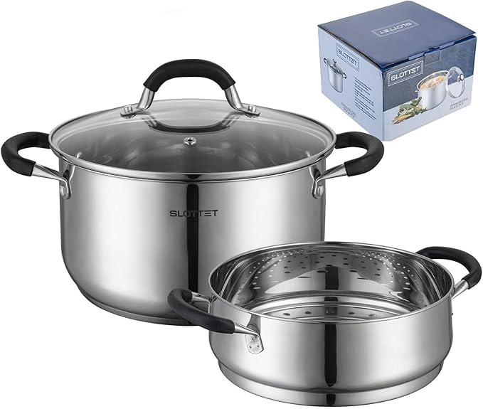 SLOTTET Stainless Steel 8 Quart Stock Pot with Steamer,8 Qt Deep Soup Pot for cooking,Multipurpose Stockpot with silicone Stay-cool Handle.Dishwasher and Oven Safe,Induction Stainless Steel Cookware
