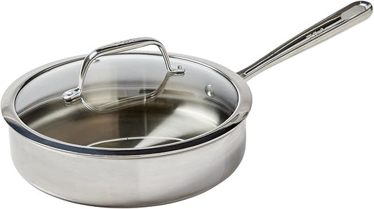 T-Fal Pro Tri-Ply Stainless Steel Saute Pan with Lid, 3 Quart, Induction Pot, Oven Safe 500F, Lid 350F, Deep Frying Pan, Fast & Even Heat, Professional Quality, Durable, Silver by T-falbrand