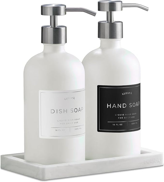 Glass Soap Dispenser Set of 2 (White) with Silicone Tray | Hand and Dish Soap Dispenser for Kitchen and Bathroom | 16.8 Oz Glass Bottles with Stainless Steel Pump & 15 Waterproof Labels (White/Silver)