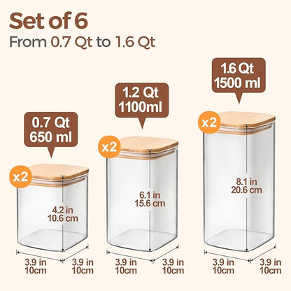 ComSaf Airtight Glass Storage Canister with Lids (0.7Qt/1.2Qt/1.6Qt) Set of 6, Food Storage Container Kitchen Pantry Storage Jar, Glass Jars for Flour Cereal Sugar Tea Coffee Beans Snacks, Square - Image 2