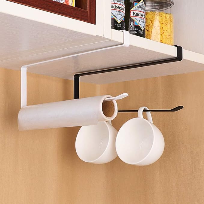 Usmascot Paper Towel Holder Dispenser Under Cabinet Paper Roll Holders (NO Drilling) for Kitchen Bathroom, Hanging Paper Towel Rack Hanger Over the Door, Humanized Design (Black)