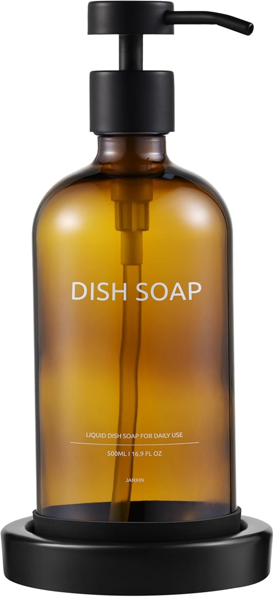 Glass Soap Dispenser Bathroom Set by Janxin, Foaming Kitchen soap Dispenser with Ceramic Tray for Dish Soap, Liquid Soap Dispenser for Hand Soap, Lotion, Body Wash (Amber)