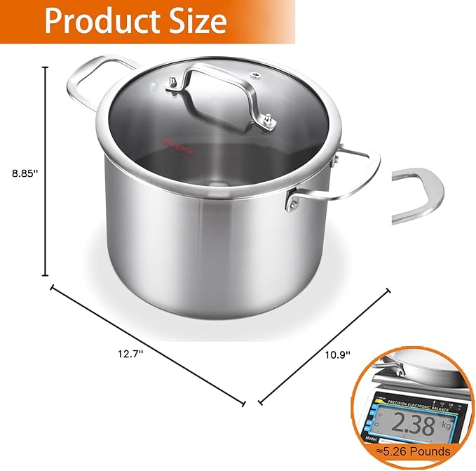 DELARLO Tri-Ply Stainless Steel 8 Quart Stock Pot, Heavy-Duty, All Stove Compatible, Up to 600℉ Soup Pot with Lid, 18/10 Induction Big Stockpot with Lids, Large Stainless Steel Induction for Cooking - Image 3