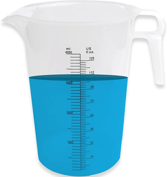 ACCUPOUR 128oz (1 gallon) Measuring Pitcher, Plastic, Multipurpose - Great for Oil, Chemicals, Pool and Lawn - Ounce (oz) and Milliliter (mL) Increments (4000 mL) by Accupour