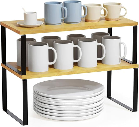 SpaceAid Cabinet Shelf Organizers 2 Pack, Kitchen Counter Rack Shelves Riser, Stackable Expandable Spice Rack, Pantry Cupboard Storage Organization (Black and Natural, Long) by SpaceAid