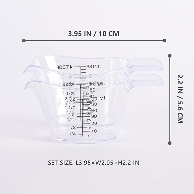 2 Pack Small Measuring Cups, 2oz/60ml Mini Measuring Cup with tsp/Tbsp/oz/ml Markings, Clear Easy-Read Scale for Kitchen, Resin, DIY, Beauty Mixing (2)