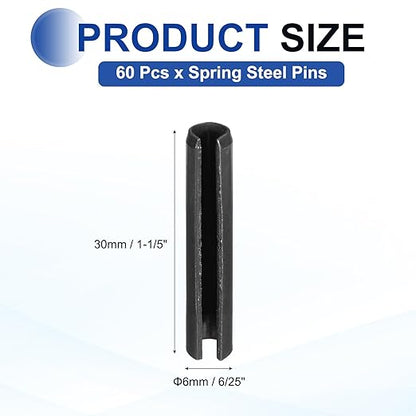 MECCANIXITY 60Pcs Slotted Split Roll Pins 6/25 Inch(6mm) Dia. 1-1/5 Inch(30mm) Length 65Mn Steel Spring Tension Expansion Dowels for Secure Fastening, Black