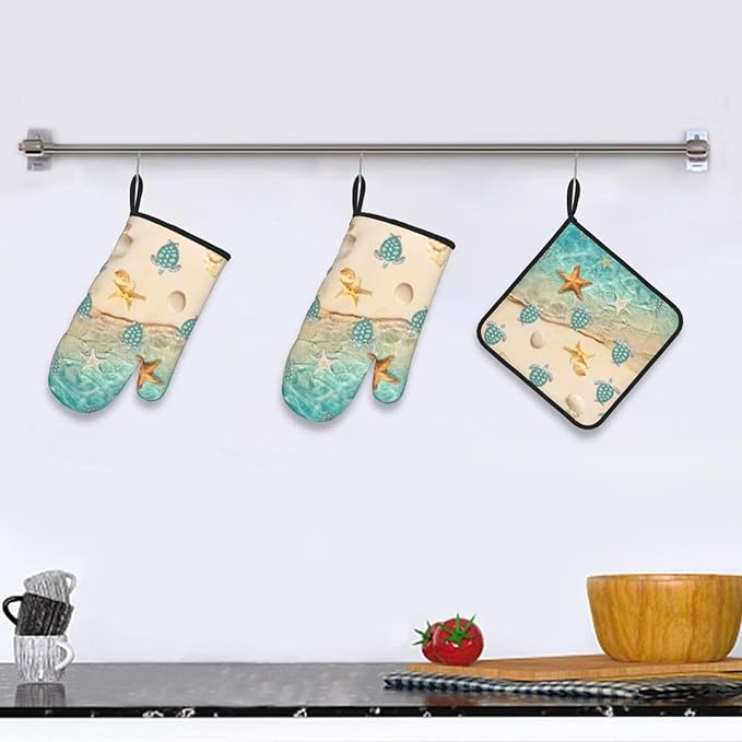 Sea Turtles Beach Oven Mitts and Pot Holders Sets of 3 Nautical Kitchen Decor Heat Resistant Hot Pads Teal Nautical Decorative Oven Gloves for Cooking Grilling Baking - Image 6