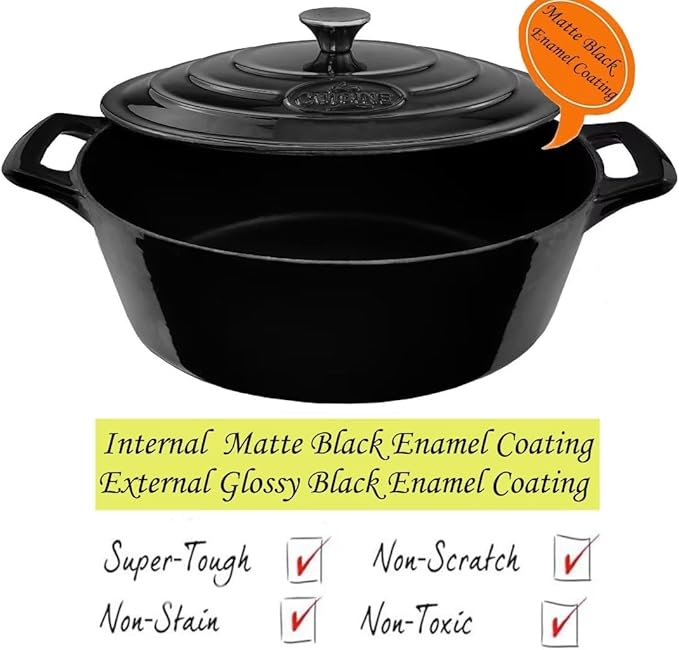 La Cuisine Enameled Cast Iron Oval Dutch Oven Casserole 6.75 QT 33x25x16cm Matt Black Enamel Coating Interior, Glossy Black Exterior, Oven Safe, Induction Cooktop Compatible