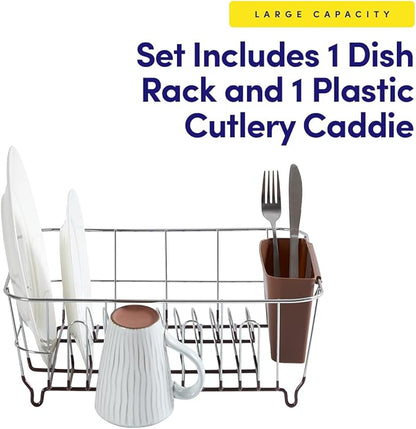 Dish Drying Rack & Cutlery Holder 2 Piece Set - Compact Sink-Fitting Dish Drainer with Rubberized Undercoating, Space-Saving Kitchen Organizer for Plates, Cups, Bowls & Utensils in Sink, Bronze Brown - Image 3