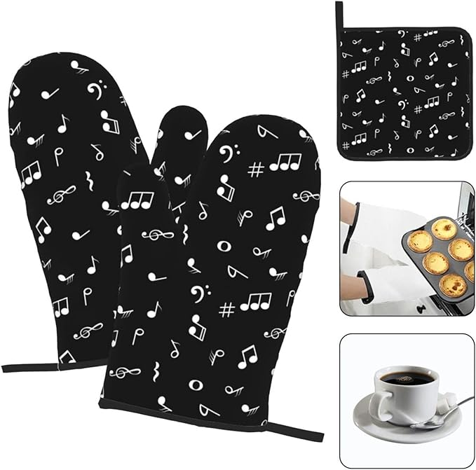Music Notes Oven Mitts and Pot Holders Sets of 3 Black Hot Pads Musicial Oven Gloves Heat Resistant Non Slip Washable for Kitchen Cooking Grilling Baking - Image 3
