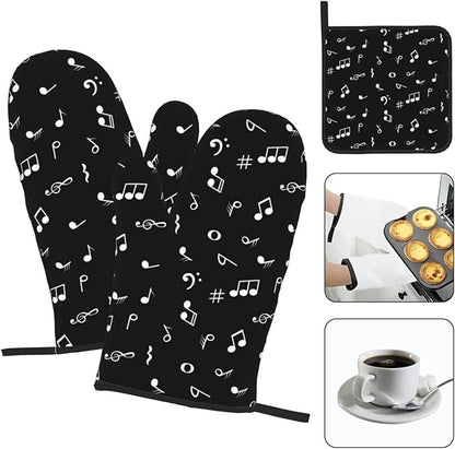 Music Notes Oven Mitts and Pot Holders Sets of 3 Black Hot Pads Musicial Oven Gloves Heat Resistant Non Slip Washable for Kitchen Cooking Grilling Baking - Image 3