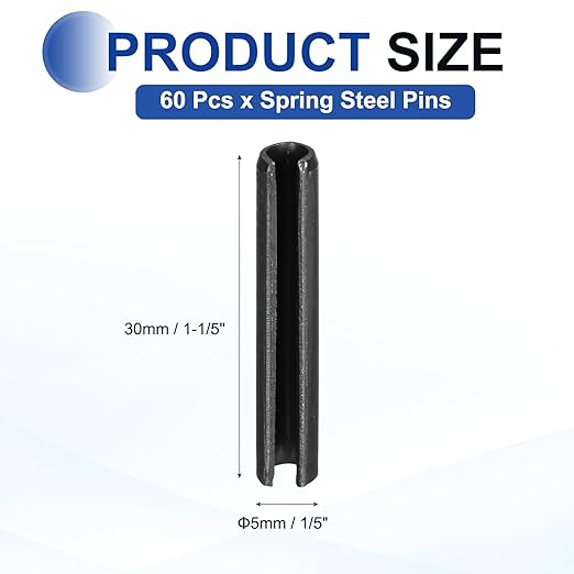 MECCANIXITY 60Pcs Slotted Split Roll Pins 1/5 Inch(5mm) Dia. 1-1/5 Inch(30mm) Length 65Mn Steel Spring Tension Expansion Dowels for Secure Fastening, Black