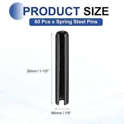 MECCANIXITY 60Pcs Slotted Split Roll Pins 1/5 Inch(5mm) Dia. 1-1/5 Inch(30mm) Length 65Mn Steel Spring Tension Expansion Dowels for Secure Fastening, Black