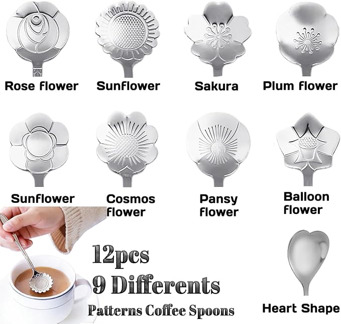 12 Pcs Flower Coffee Tea Spoons Set with Storage Bag, 4 Long & 8 Short Stainless Steel Teaspoons for Sugar Dessert Ice Cream Stirring, Cute Fancy Tableware for Tea Party Kitchen Cafe Bar(Silver)