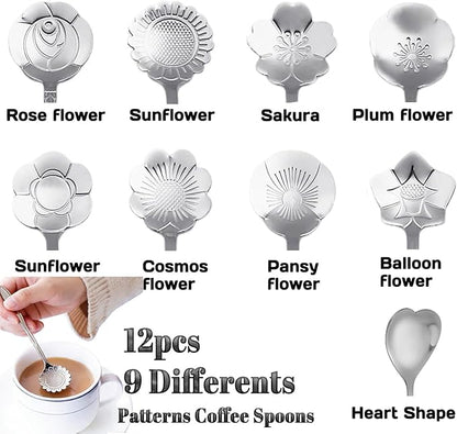 12 Pcs Flower Coffee Tea Spoons Set with Storage Bag, 4 Long & 8 Short Stainless Steel Teaspoons for Sugar Dessert Ice Cream Stirring, Cute Fancy Tableware for Tea Party Kitchen Cafe Bar(Silver)