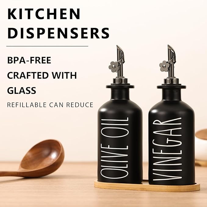 HOMCDALY Premium Olive Oil Dispenser for Kitchen, 11.8oz Glass Oil Bottles with Bamboo Tray, Black Oil&Vinegar Cruet Set, Kitchen Dispenser Bottles with Pourer | Set of 2 (11.8oz –P–Black) - Image 2