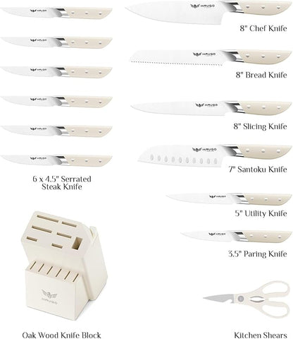 Kitchen Knife Set with Block: 14-Piece German Stainless Steel Full Tang Professional Knife - Comfortable Grip Reduces Hand Fatigue 30% - Dishwasher Safe & Sharpener - White Knife Set for Cooking