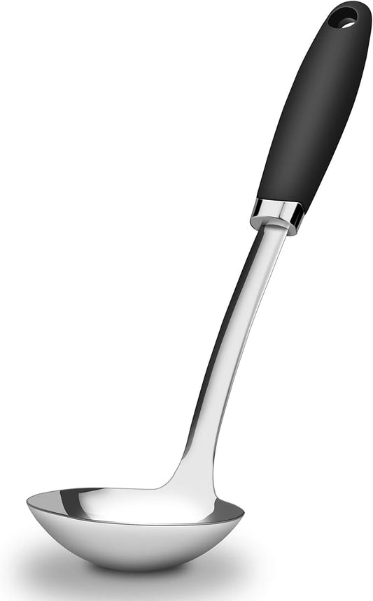 12 Inch Soup Ladle, Black Stainless Steel Ladle Spoon with Comfortable Handle, Long Handle Soup Serving Spoon for Cooking, Stews, Sauce, Gravy, Broth, Kitchen Utensil