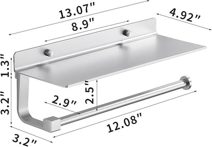 Paper Towel Holder Wall Mount - for Bathroom Hand Towel Holder with Shelf- Kitchen Towel Holder - Matter Silver