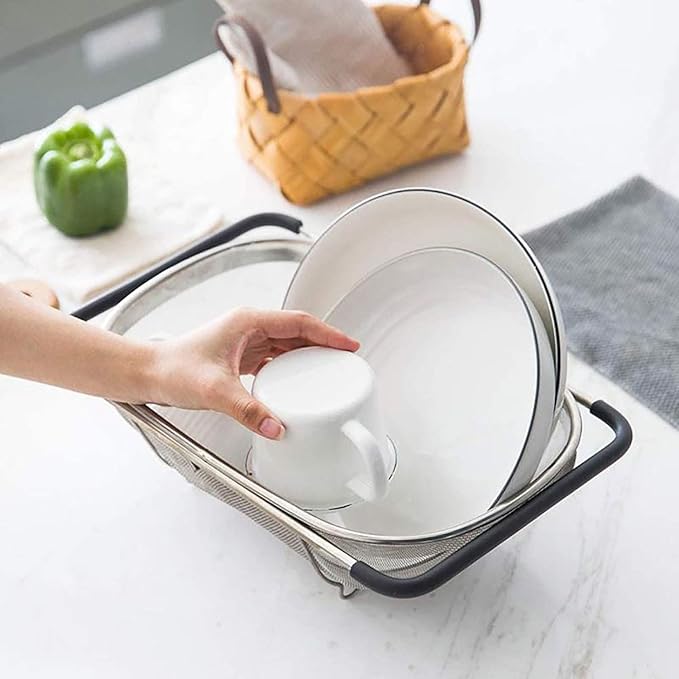 Over The Sink Stainless Steel Oval Colander with Expandable Rubber Grip Handles Strainers, Fine Mesh Strainer Basket Kitchen 6 Quarts Colander for Strain, Drain, Rinse Fruits, Vegetables - Image 8