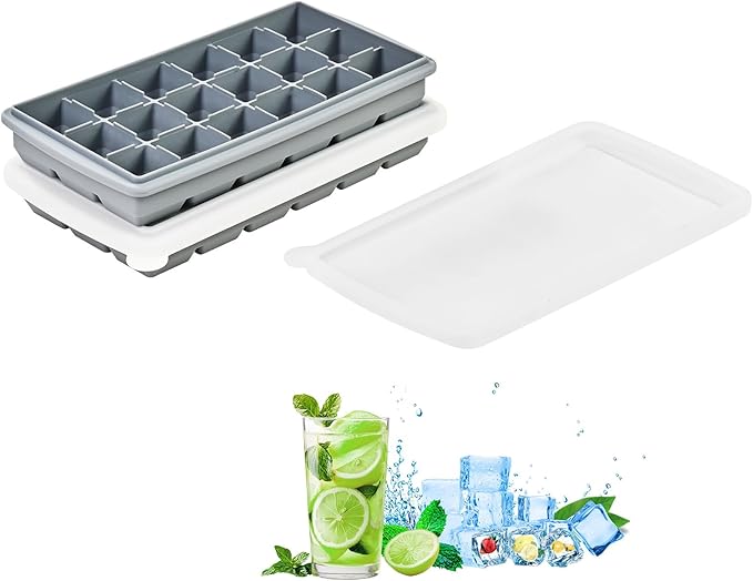 Silicone Ice Cube Tray， Sauton Pack of 2 Ice Cube Mold, 18 Grid Easy Release Flexible Ice Cube Tray with Removable Lid Reusable & BPA Free