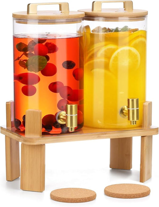 1 Gallon 2 PCS Glass Beverage Dispenser, Drink Dispensers for Parties, Lemonade Dispenser with Airtight Valve and Stainless Steel Spigot for Party,Lemonade,Juice, Tea