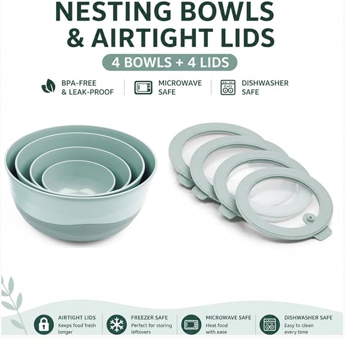Pera Mixing Bowls with Lids Set, 8 Piece (4 Bowls + 4 Airtight Lids), BPA Free Nesting Kitchen Bowl Set for Mixing & Food Storage, Microwave & Dishwasher Safe (Blue)