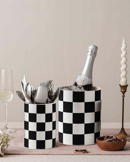 Checkered Kitchen Utensil Holder - 7.1"+5.8" Ceramic Utensil Crock for Countertop, Kitchen Decor and Accessories for counte (Black) - Image 9