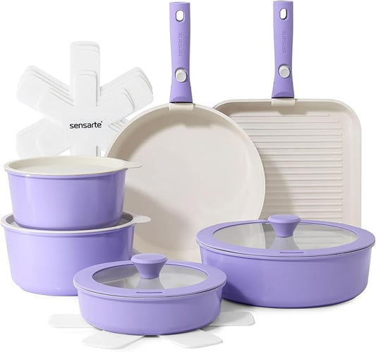 SENSARTE 17 Piece Ceramic Pots and Pans Set, Nonstick Detachable Handle Cookware, Induction Kitchen Cookware Set with Removable Handle, Dishwasher ＆ Oven Safe (Purple) by SENSARTE