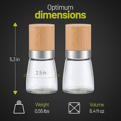 ZOLMER® Wooden Salt and Pepper Grinder Set | Natural Manual Ceramic Mill - Stylish Chili Mill, Pepper Grinder, and Salt Grinder [No Spices Included]