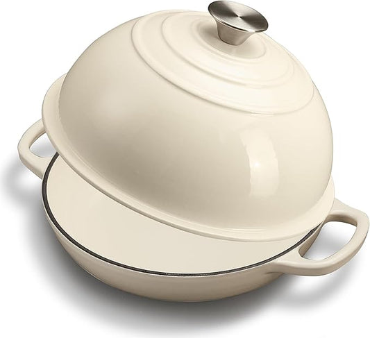 Cast Iron Bread Oven for Sourdough, 6Qt Bread Baking Pan with Lid, Enameled Sourdough Dutch Oven for Bread Baking, Oven Safe up to 482℉, White