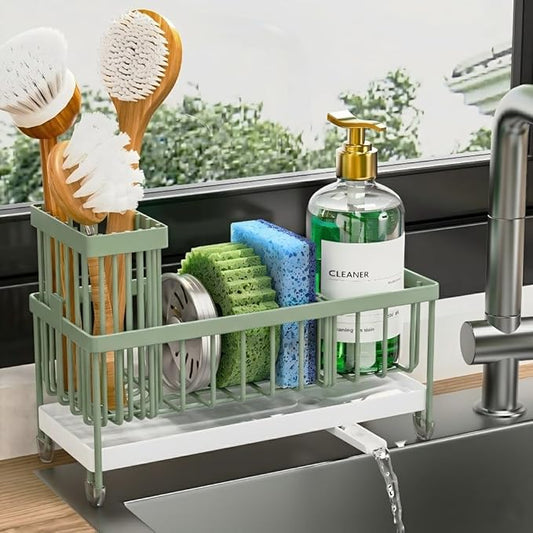 Cisily Sponge Holder for Kitchen Sink, Sink Caddy Organizer with High Brush Holder, Kitchen Countertop Organizers and Storage Essentials, Rustproof 304 Stainless Steel (Sage Green, 9.25″) by CISILYHOMELIFE