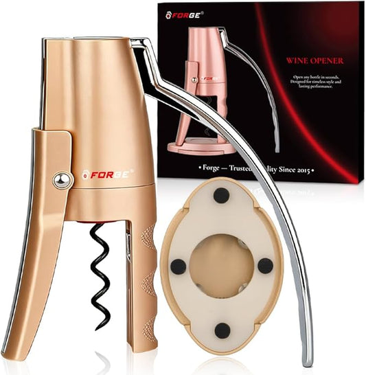 Forge Quality Compact Vertical Lever Corkscrew Wine Opener with Foil Cutter. 3 Seconds to Open a Bottle of Wine. Champagne Gold.