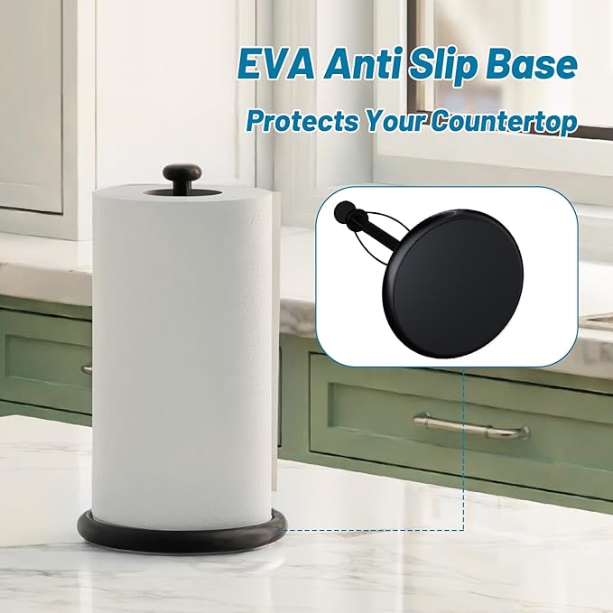 VEHHE Paper Towel Holder Countertop with Weighted Base, One-Handed Tear Paper Towel Holder with Damping Function and EVA Non-Slip Pad for Bathroom and Kitchen (Black) - Image 6