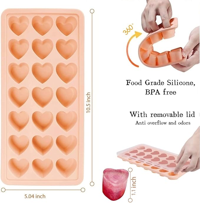 2 Pack Heart-Shaped Ice Cube Trays - 42 Holes Silicone Heart Ice Cube Tray with Lid, BPA Free and Dishwasher Safe, Mini Fun Ice Cube Mold, Easy to Remove (Pink + Blue)