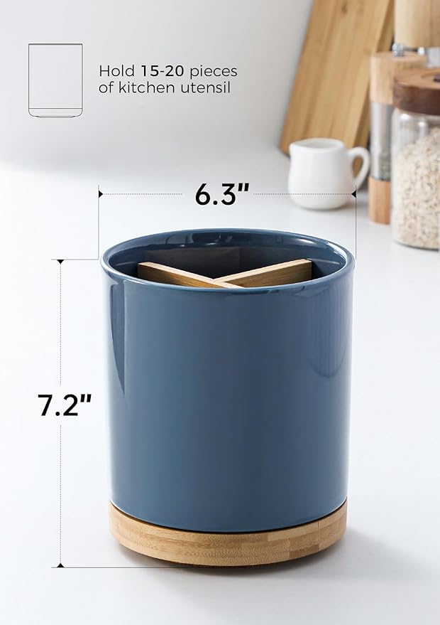 LoeJan 3 Compartment Utensil Holder, Extra Large Utensil Crock, Stable Ceramic Utensil Organizer, Cooking Tool Organizer Set for Kitchen Counter Farmhouse Decor, Blue - Image 2