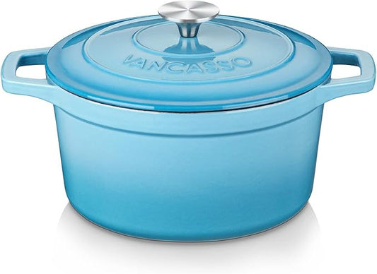 vancasso 6 QT Enameled Cast Iron Dutch Oven With Lid - Round Blue Pot With Non-Stick Enamel Coating for Bread Baking