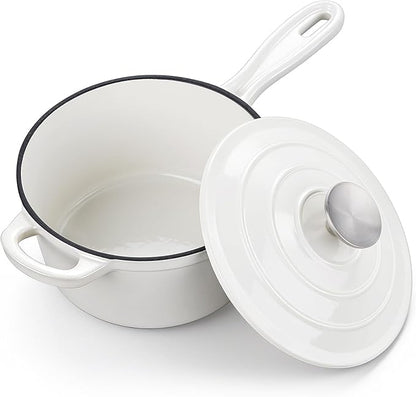 Homikit Small Cast Iron Pot, 1 Quart Enameled Cast Iron Sauce Pan with Lid, Heavy Duty Enamel Dutch Oven Kitchen Cookware for Making Pasta, Boiling Soup, Warming Milk, Nonstick & Oven Safe, White