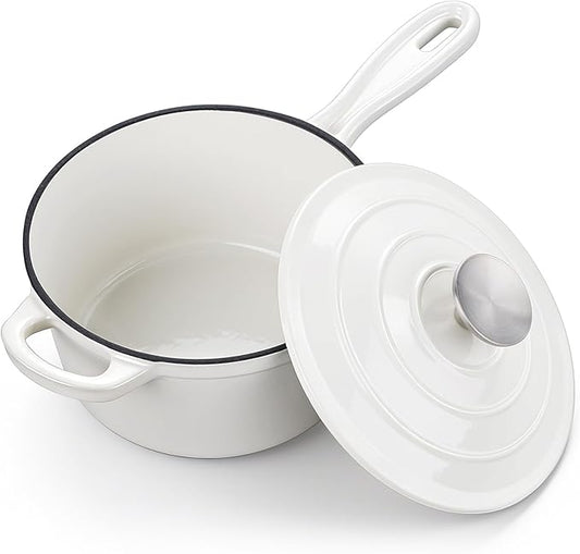 Homikit Small Cast Iron Pot, 1 Quart Enameled Cast Iron Sauce Pan with Lid, Heavy Duty Enamel Dutch Oven Kitchen Cookware for Making Pasta, Boiling Soup, Warming Milk, Nonstick & Oven Safe, White