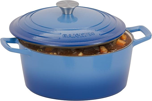 Bakken Enameled Cast Iron Dutch Oven Pot, 6QT Dutch Oven for Bread Baking, Braising & Roasting, Kitchen & Campfire Cooking, Moisture-Locking Lid, Oven Safe Up To 500°F, Works on All Cooktops, Blue