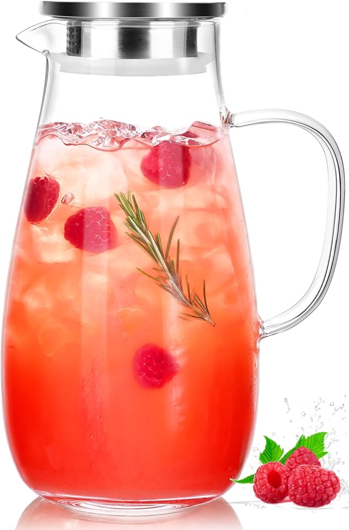 LUNA & MANTHA Glass Pitcher with Lid, Water Pitcher for Fridge, 64oz Drink Jug with handle, Borosilicate Glass for Iced Tea, Juice, Milk, Coffee Hot Cold Beverages Carafe 2 Quart by LUNAMANTHA