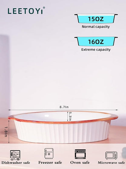 LEETOYI Porcelain Small Oval Au Gratin Pans, Baking Dish Set for 1 or 2 person servings, Bakeware with Double Handle for Kitchen and Home, Set of 2 (White/Brown) - Image 2