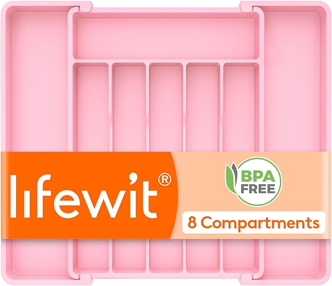 Lifewit Silverware Drawer Organizer, Expandable Utensil Tray for Kitchen, BPA Free Flatware and Cutlery Holder, Adjustable Plastic Storage for Spoons Forks Knives, 10.9"-17.5" x 13.7", Pink by Lifewit
