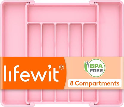 Lifewit Silverware Drawer Organizer, Expandable Utensil Tray for Kitchen, BPA Free Flatware and Cutlery Holder, Adjustable Plastic Storage for Spoons Forks Knives, 10.9"-17.5" x 13.7", Pink by Lifewit