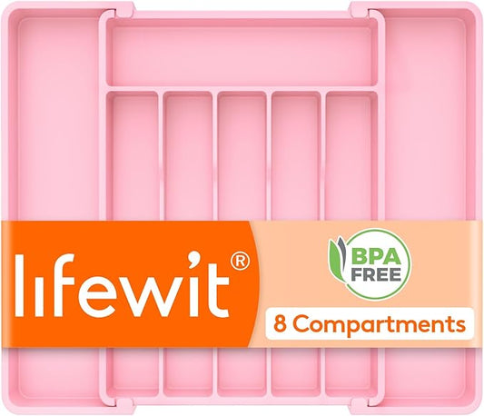 Lifewit Silverware Drawer Organizer, Expandable Utensil Tray for Kitchen, BPA Free Flatware and Cutlery Holder, Adjustable Plastic Storage for Spoons Forks Knives, 10.9"-17.5" x 13.7", Pink by Lifewit