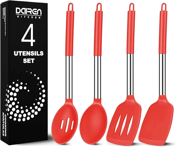 Pack of 4 Large Silicone Cooking Spatulas and Spoons, Slotted and Solid Stainless Steel Cooking Utensils Set, Non-stick Heat Resistant Kitchen for Baking, Fried, Stir-Fry, Mixing, Serving (Red) by DaiRenKitchen